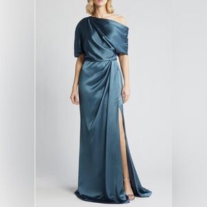 Amsale Gathered One Shoulder Satin Gown